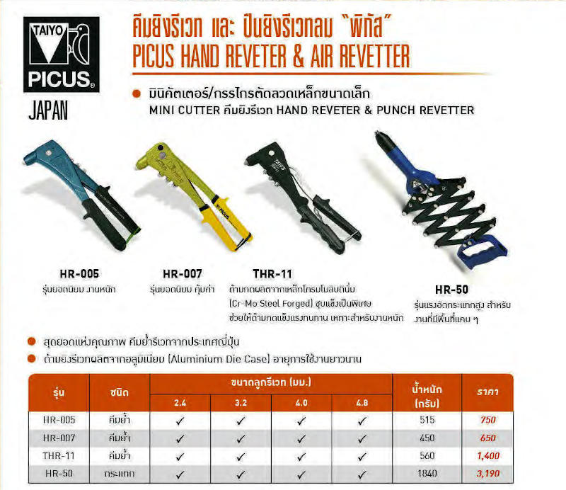 คีมย้ำรีเวท 2.4-4.8 มม PICUS รุ่น HR-005 - JAPAN -spec
