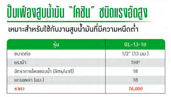 ปั๊มเฟืองสูบน้ำมัน1/2 นิ้ว 18 ลิตร/นาที GL-13-10 KOSHIN-spec
