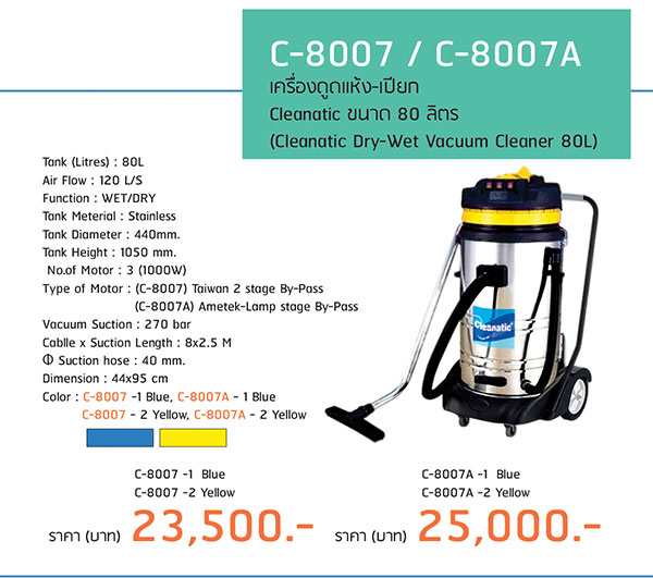 เครื่องดูดฝุ่น-ดูดน้ำ ขนาด 80 ลิตร แบบ 3 มอเตอร์  Cleanatic รุ่น C8007 