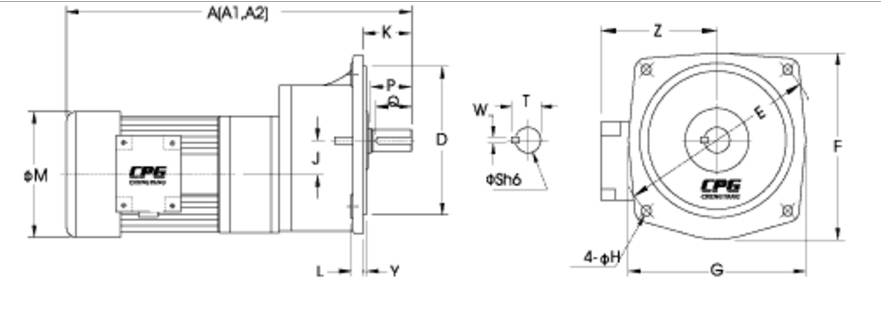 ขนาดมอเตอร์เกียร์ 1/8 แรงม้า 380V. / 3 เฟส แบบหน้าแปลน รุ่น CV-S -2