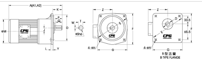 ขนาดมอเตอร์เกียร์ 1/8 แรงม้า 380V. / 3 เฟส แบบหน้าแปลน รุ่น CV-S -1