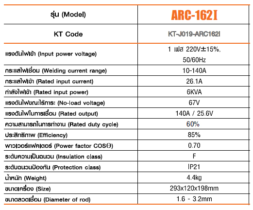 สเปค เครื่องเชื่อมอาร์ค(MMA) ARC-162I อินเวิร์ทเตอร์ IGBT Jasic