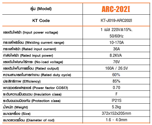 สเปค เครื่องเชื่อมอาร์ค(MMA) ARC-162I อินเวิร์ทเตอร์ IGBT Jasic